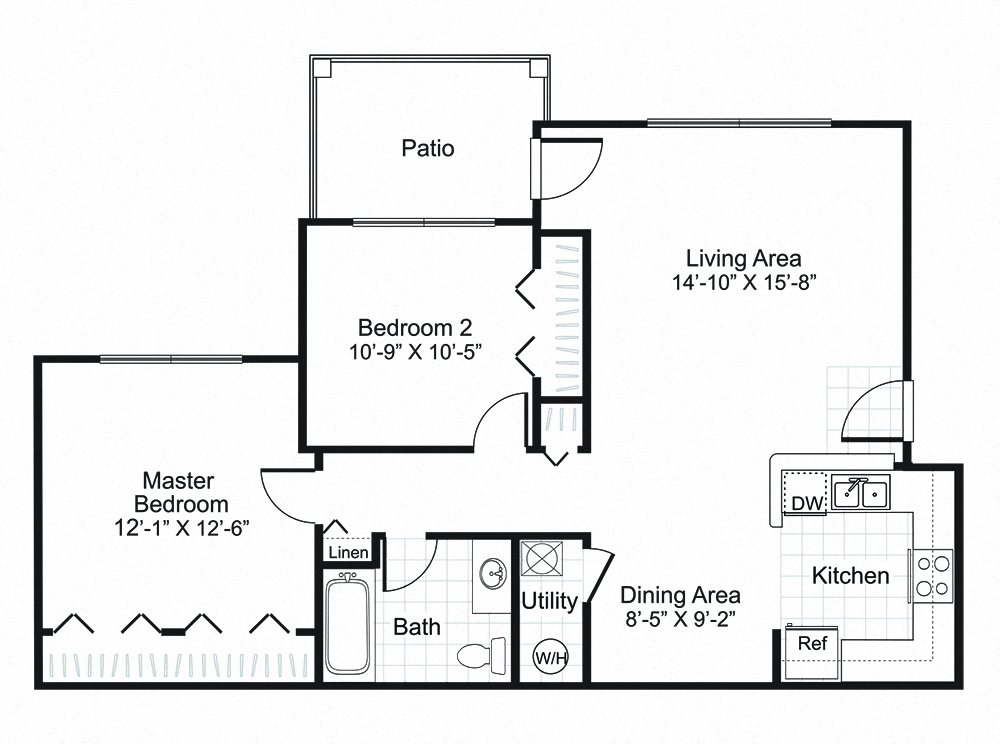 Floor plan for 2 beds, 1 bath, 834 sqft